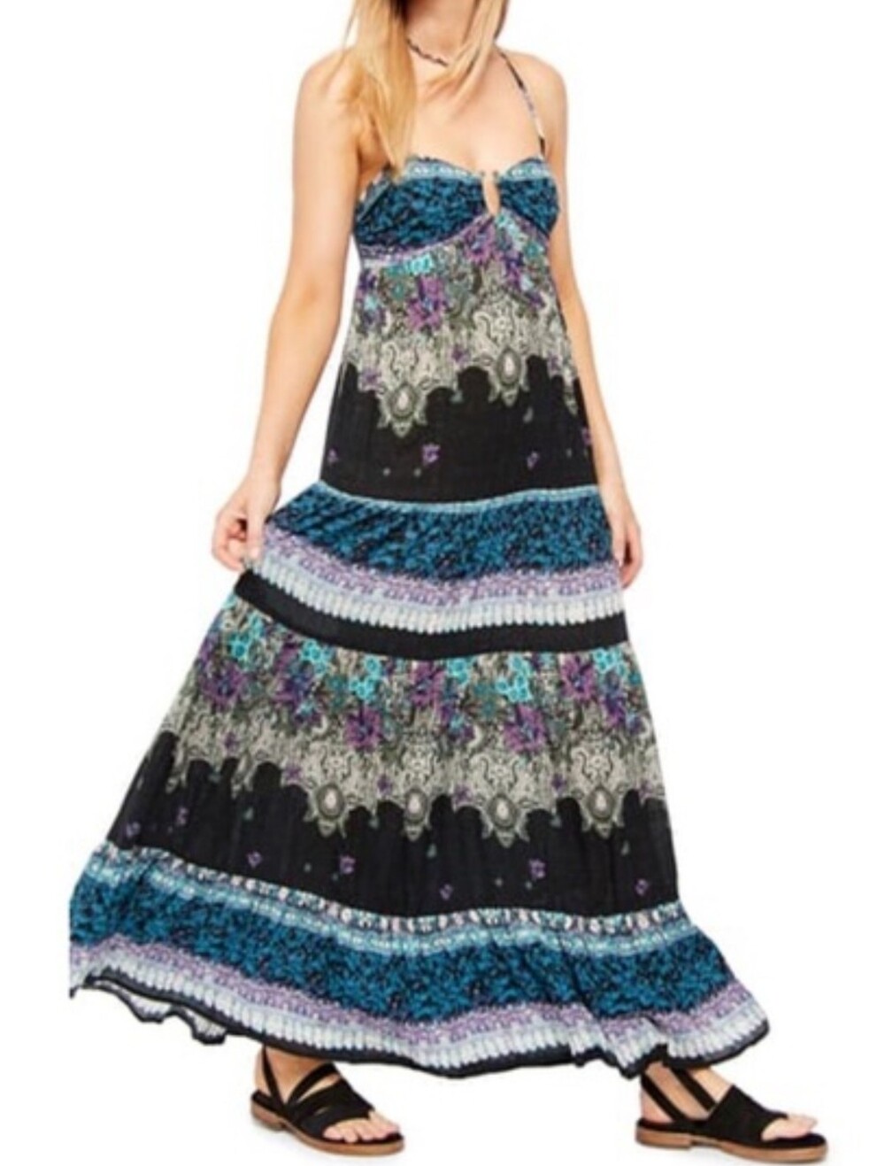 FREE PEOPLE PRE-OWNED Boho Give A Little Maxi Sundress in Blue & Black